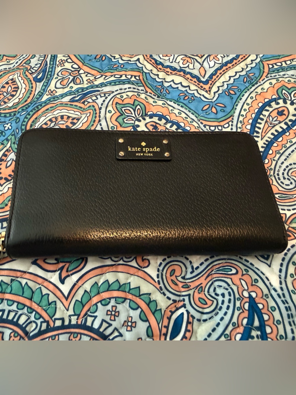 kate spade Black Leather Zip Wallet with Gold Logo Plate